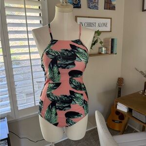Coral green tropical one piece swimsuit adjustable straps